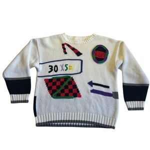 Vintage Abstract Graphic Knit Sweater Math Inspired Cream Long Sleeve Pullover